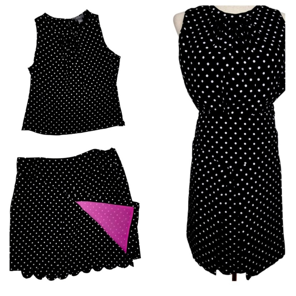 Per Se Women’s 0 XS 100% SILK Skirt Top Dress Set black white polka dots EUC